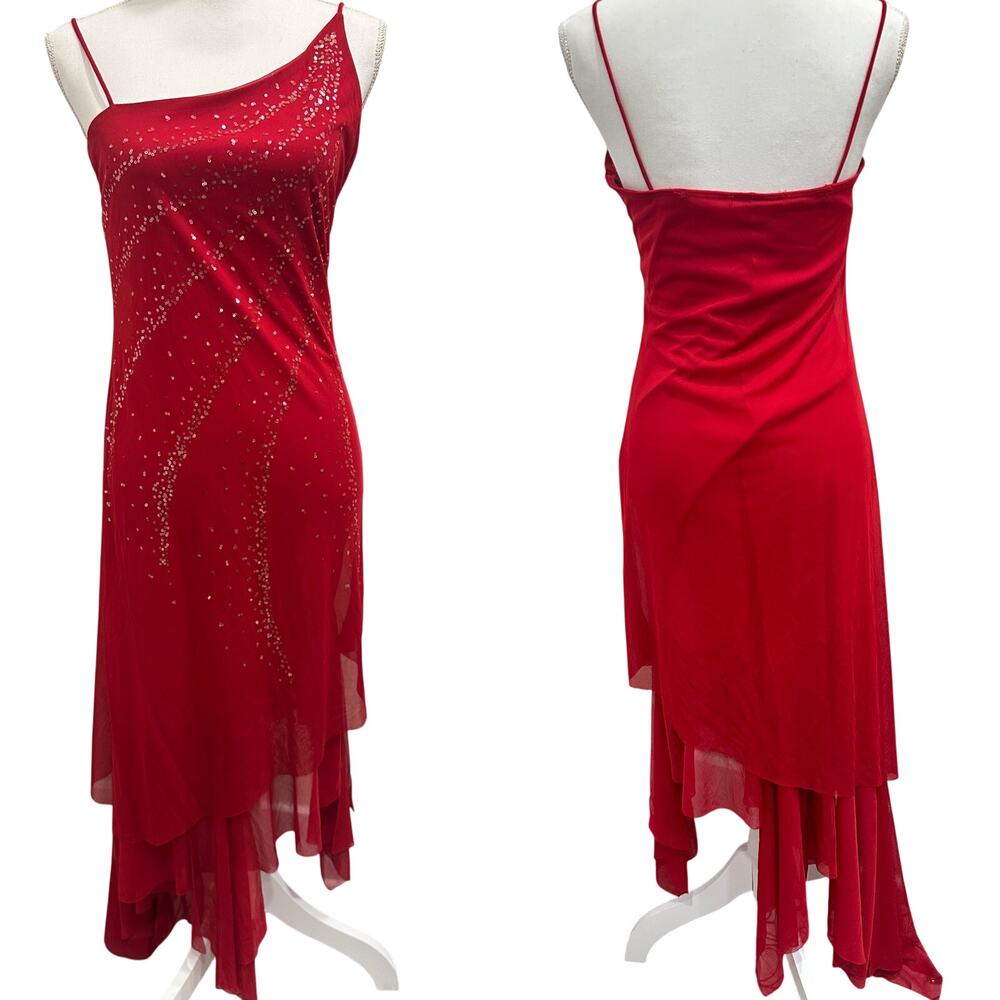 VTG Y2K Red Asymmetrical‎ Sequin Mesh Layered Hem Evening Dress Slip Party Small